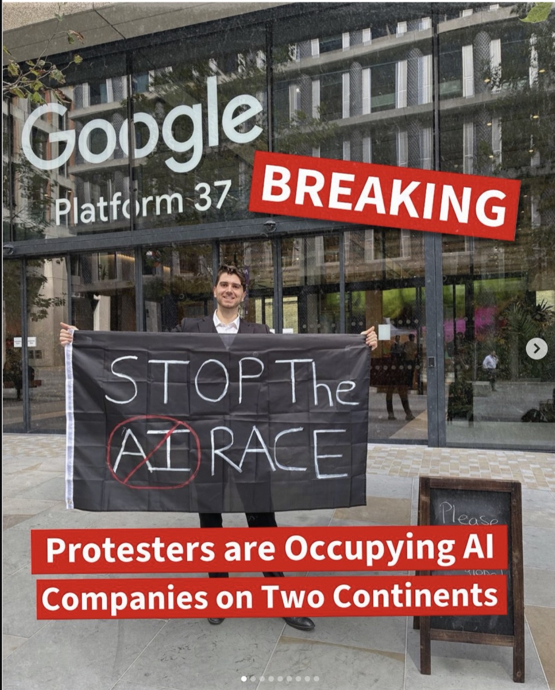 Instagram post: protesters are occupying AI companies on two continents